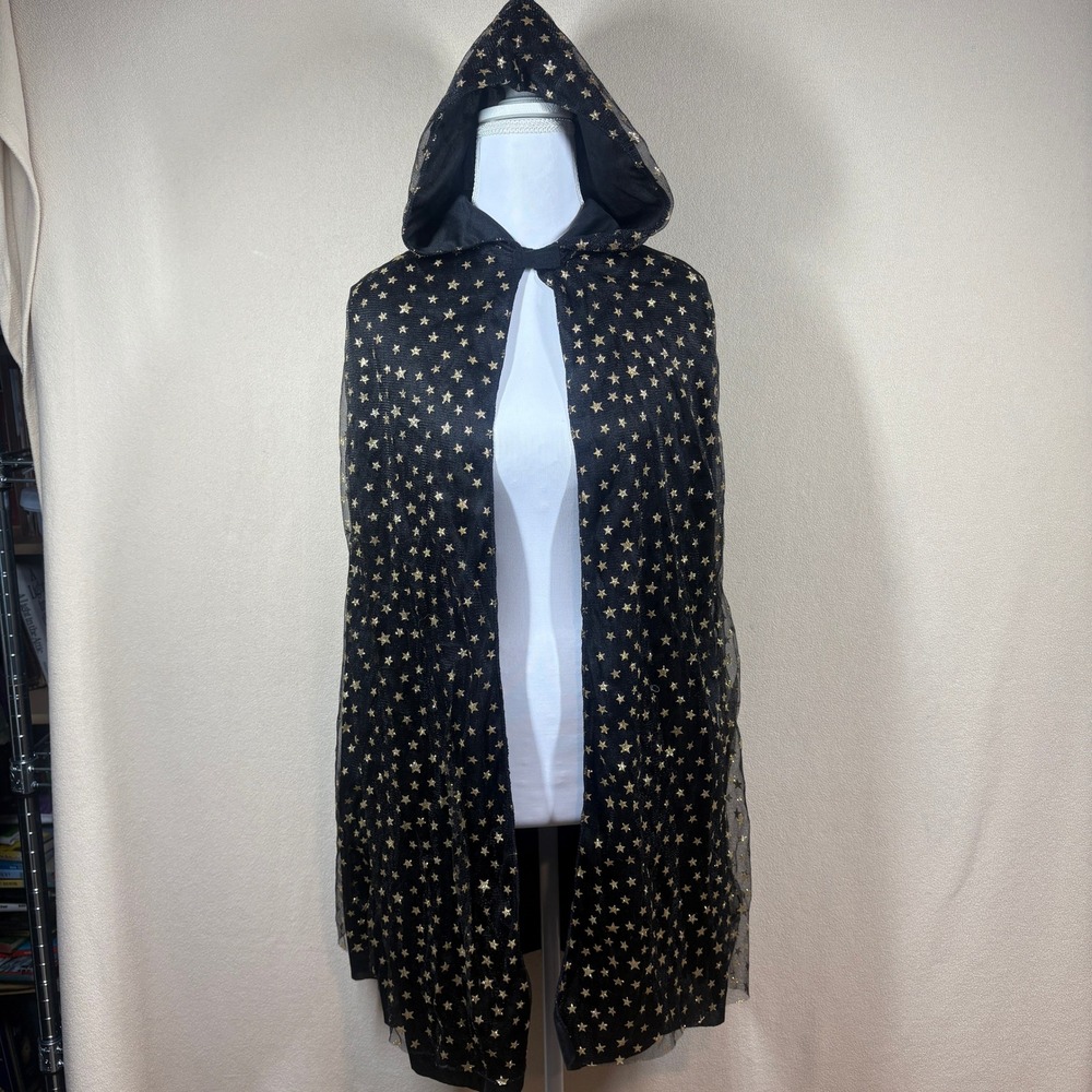 Target Black Gold Glitter Star Hooded Cape Costume OSFM Celestial Witch Wizard